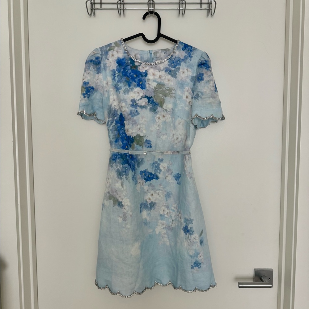 Zimmermann Blue and White Floral Dress with Rhinestone Trim